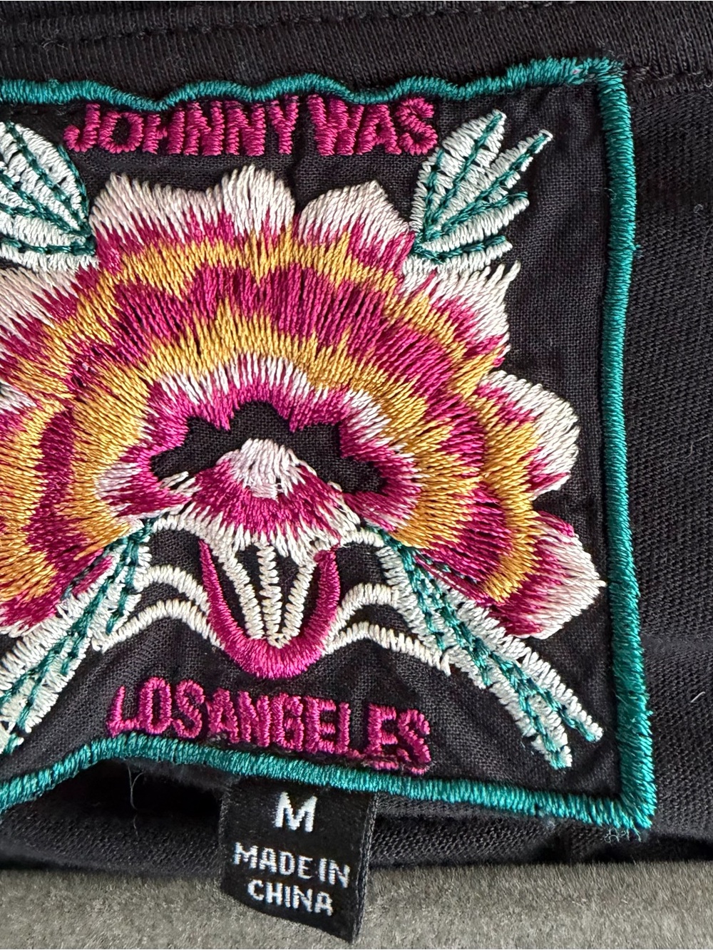 Johnny Was Black V-Neck Tee with Bright Multicolor Floral Embroidery - Picture 5 of 5